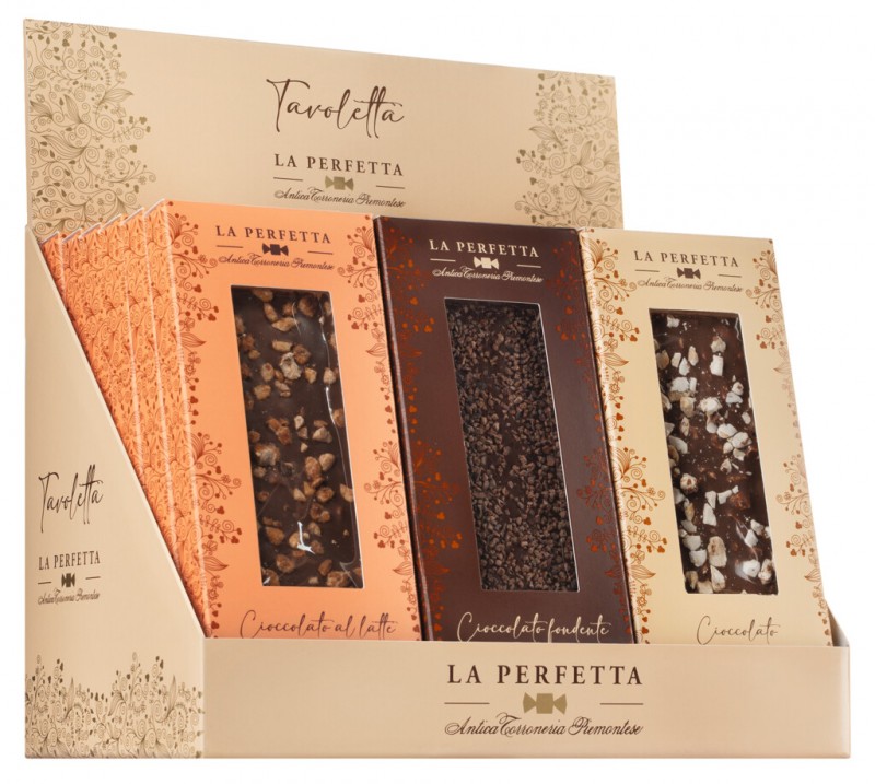 Espositore Tavolette Cioccolate La Perfetta, display of mixed chocolate bars, Antica Torroneria Piemontese - 18 x 85 g - display