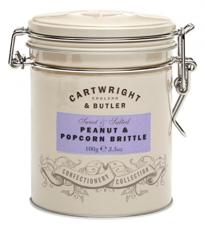 Cacahuetes et pop-corn cassants, boite de conserve, cacahuetes cassantes avec pop-corn, Cartwright et Butler - 100g - peut