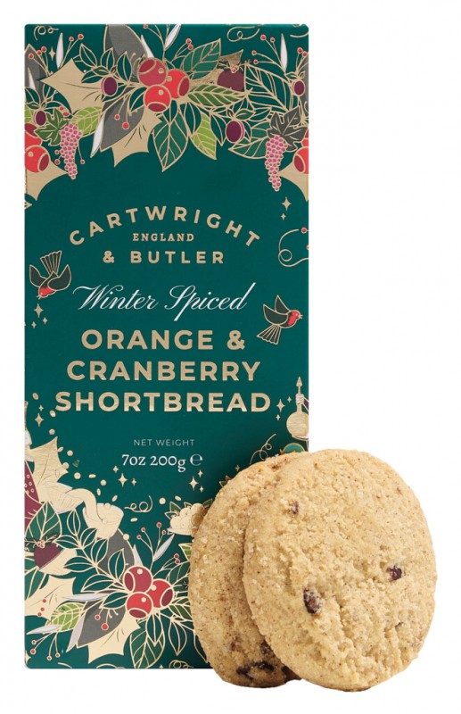 Winter Spiced Orange and Cranberry Shortbread, zandkoekjes met sinaasappel, cranberry en kaneel, Cartwright en Butler - 200g - pak