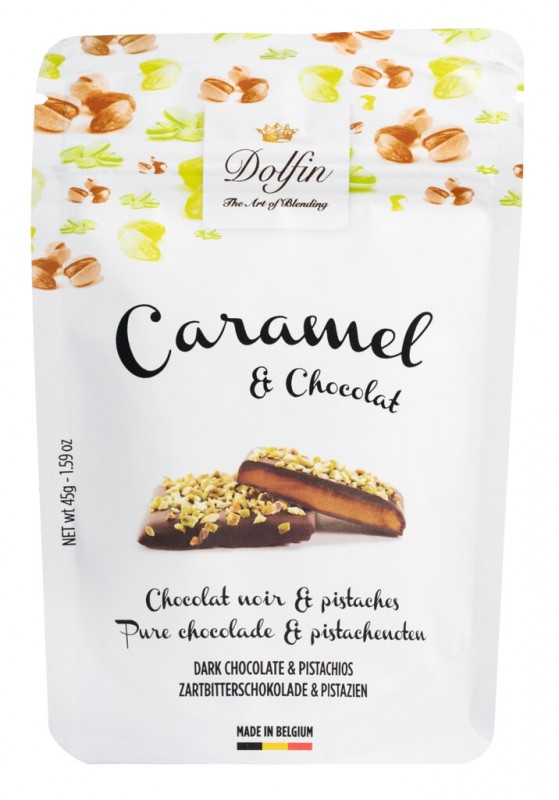 Caramel & Chocolat noir et pistaches grillees, Gesalzenes Butter-Karamell mit Pistazien, Dolfin - 45 g - Packung