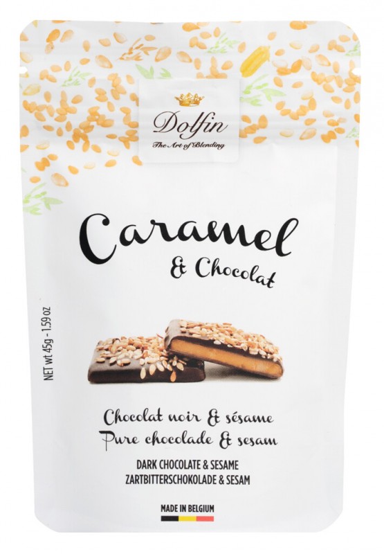 Karamel og chokolade sort med sesam, saltet smoer karamel med sesam, Dolfin - 45 g - pakke