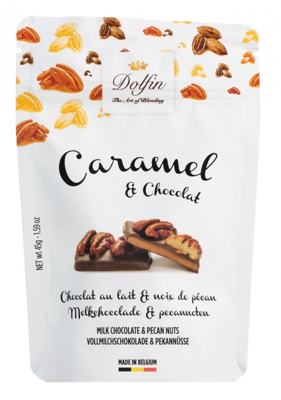 Caramel et chocolat au lait et noix de pecan, caramel au beurre sale et noix de pecan, Dolfin - 45g - paquet