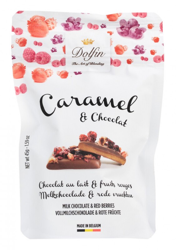 Caramelo y chocolate con leche y frutas rojas, caramelo de mantequilla salada con frutos rojos, Dolfin - 45g - embalar