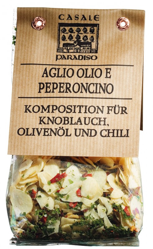 Preparation d`assaisonnement pour pates ail chili, aglio, olio e peperoncino, Casale Paradiso - 100g - sac