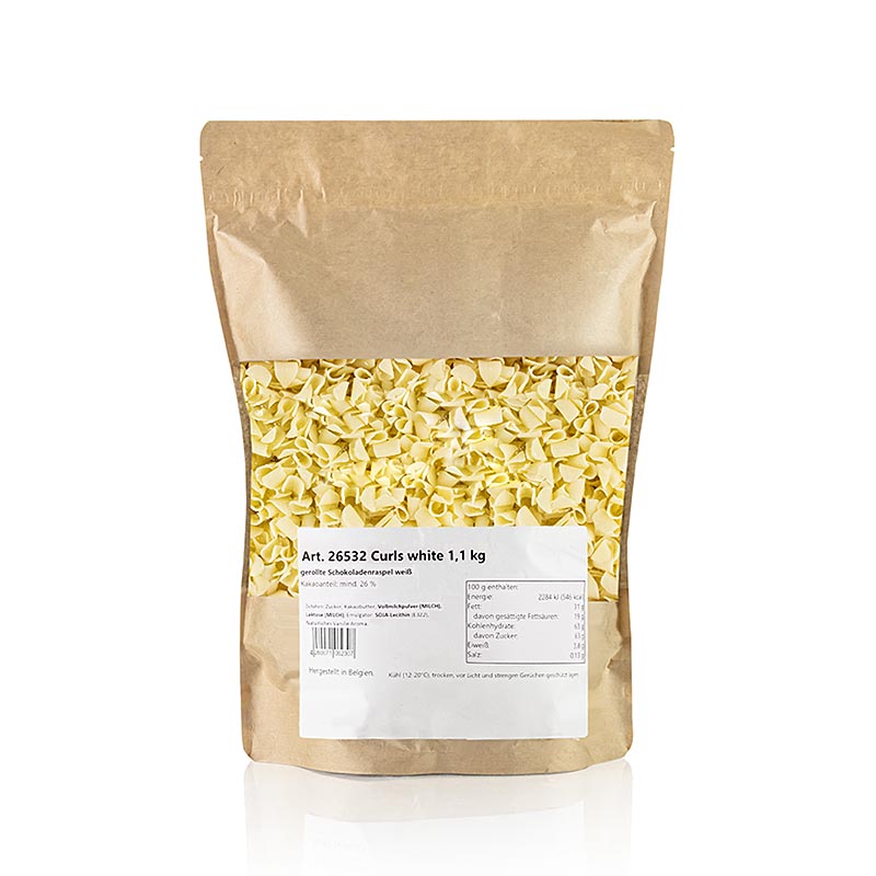 Schoko-Garnierraspel Blüte Weiß (Curls white) - 1,1 kg - Beutel