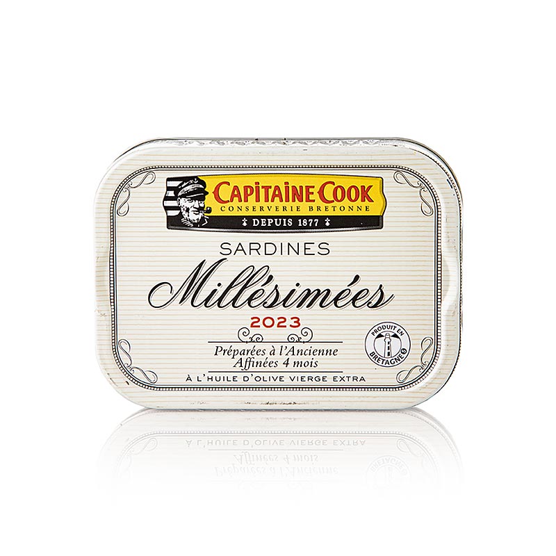 Sardines entieres a l`huile d`olive, millesime 2023, Captain Cook, France - 115g - peut