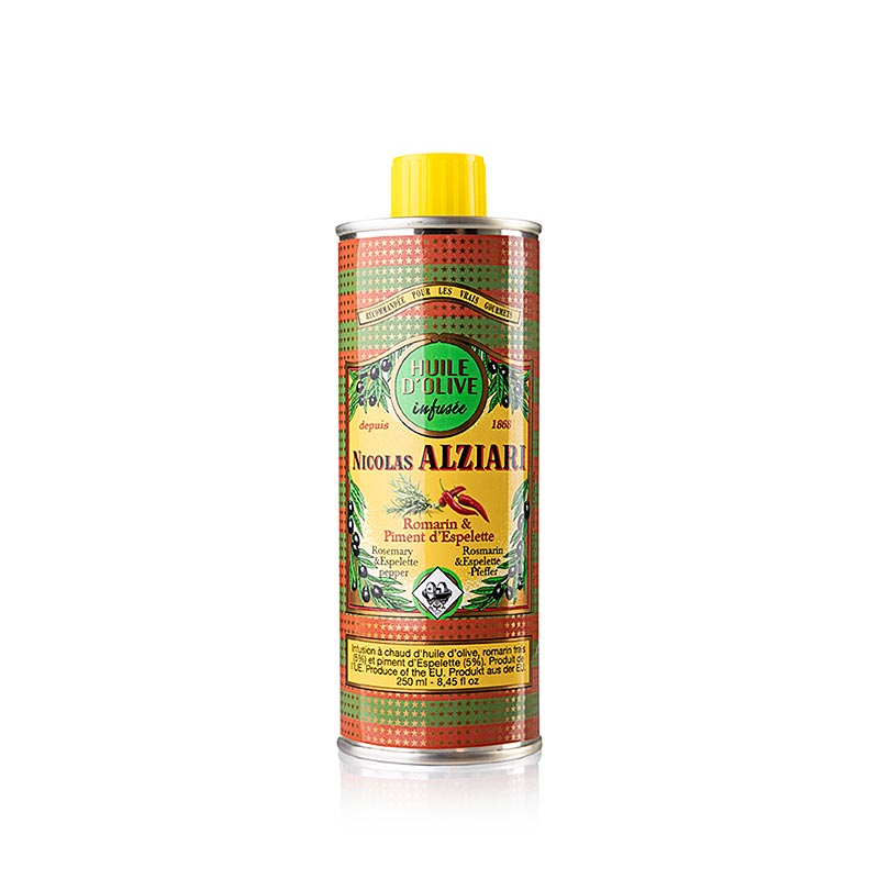 Extra virgin olivolja Alziari Prestige, med rosmarin och Piment d`Espelette - 200 ml - burk