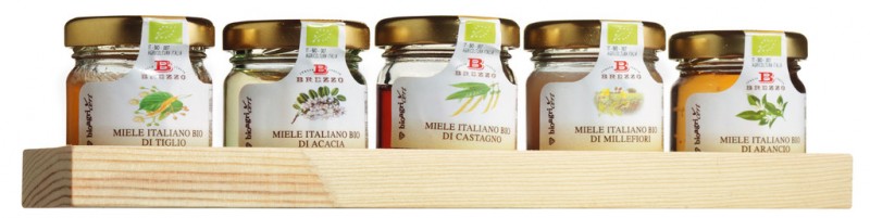 Miele assortito biologico, vasi mini, mini pots de miel 5 assortis, coffret cadeau, Apicoltura Brezzo - 5x35g - ensemble