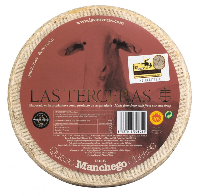 Semi-cured Manchego PDO, Medieval Sheep Cheese PDO, Las Terceras - approx. 2.8 kg - kg