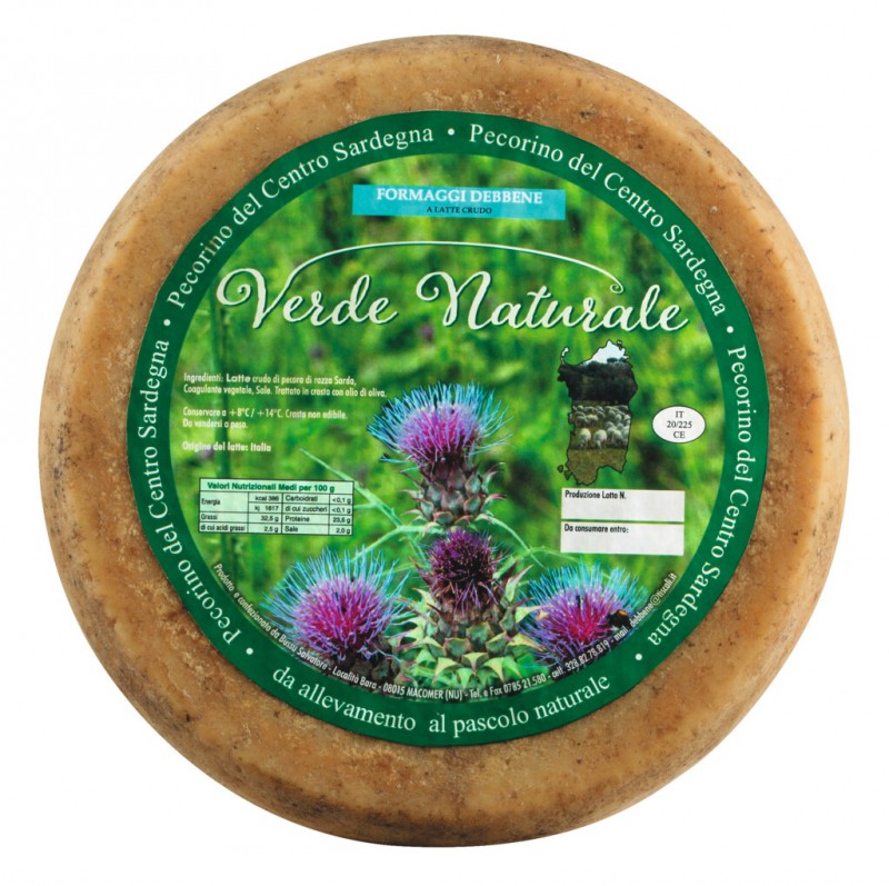 Pecorino Verde Naturale, biologico, Sardinian sheep cheese with vegetable rennet, organic, Debbene - approx. 3 kg - kg