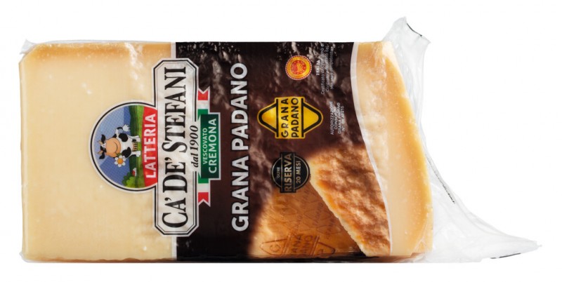 Grana Padano DOP Riserva 20 mesi, formaggio a pasta dura prodotto con latte vaccino crudo, almeno 20 mesi, Latteria Caund039; deund039; Stefani - circa 1 kg - kg