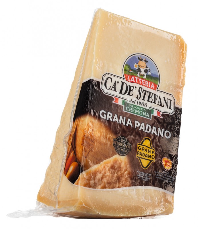 Grana Padano DOP Riserva 20 mesi, formaggio a pasta dura prodotto con latte vaccino crudo, almeno 20 mesi, Latteria Caund039; deund039; Stefani - circa 1 kg - kg