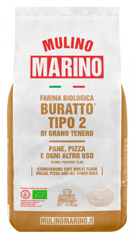 Farina di Grano tenero Buratto biologico, farina di grano tenero del mulino a pietra per pizza + pasta, biologica, Mulino Marino - 1.000 g - pacchetto