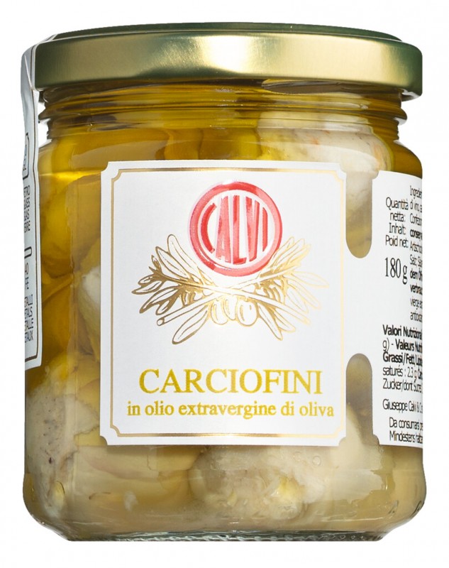 Carciofini in olio extravergine di oliva, Artischoken in nativem Olivenöl extra, Calvi - 180 g - Glas