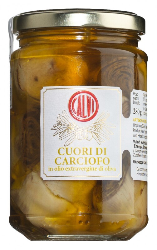 Cuor di carciofo in olio extravergine di oliva, Artischokenherzen in nativem Olivenöl extra, Calvi - 280 g - Glas