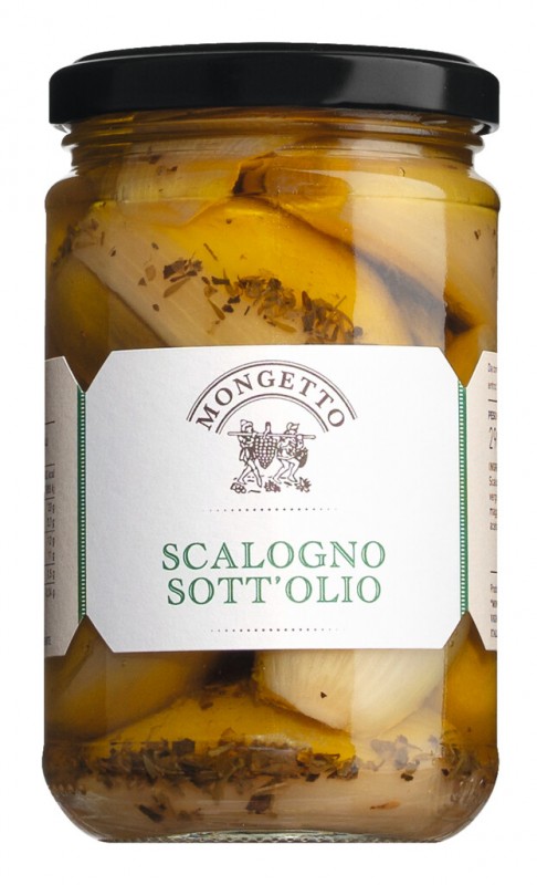 Scalogno sott`olio, chalotas em azeite virgem extra, Mongetto - 290g - Vidro