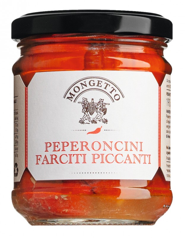 Peperoncini farciti, Stuffed Peperoncini with Anchovies and Capers in Oil, Mongetto - 190 g - Glass