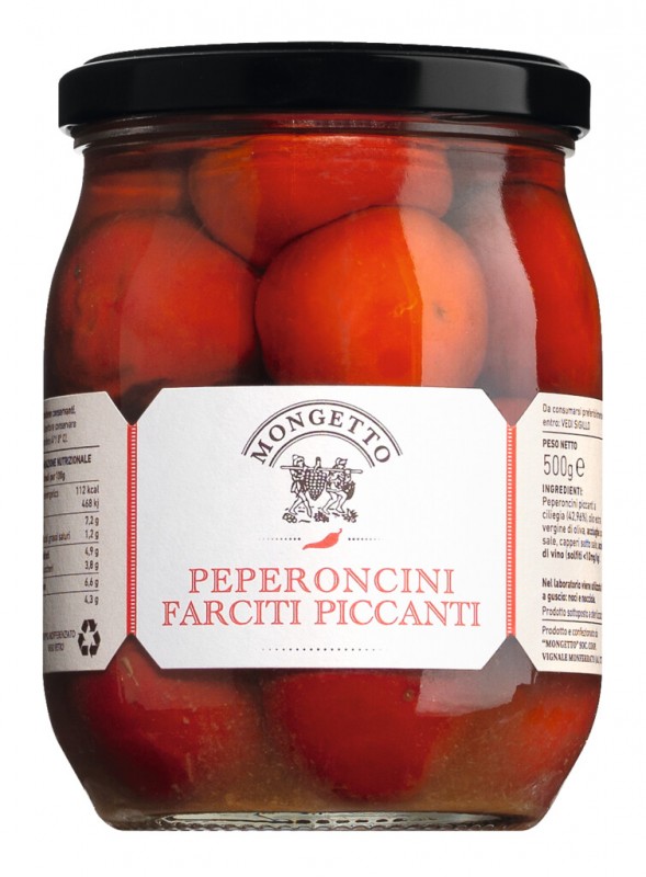 Peperoncini farciti, gevulde paprika`s met ansjovis en kappertjes in olie, Mongetto - 500g - Glas