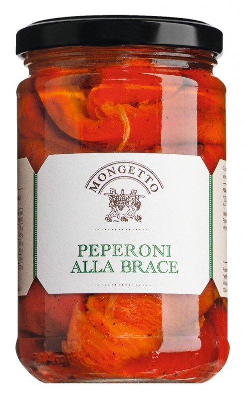 Peperoni alla brace, Gegrillte Paprika in nativem Olivenöl extra, Mongetto - 290 g - Glas