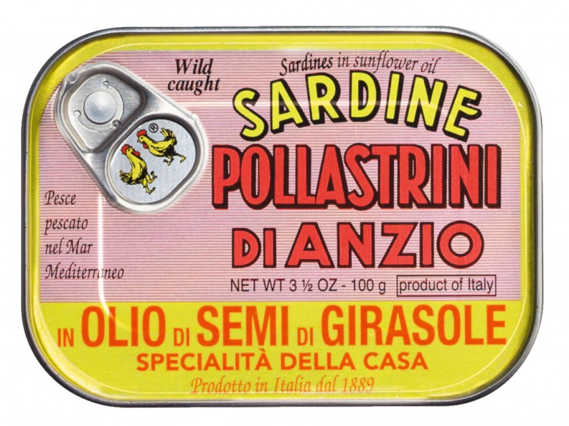 Sardinas en olio di semi di girasole, sardinas en aceite de girasol, pollastrini - 100g - poder