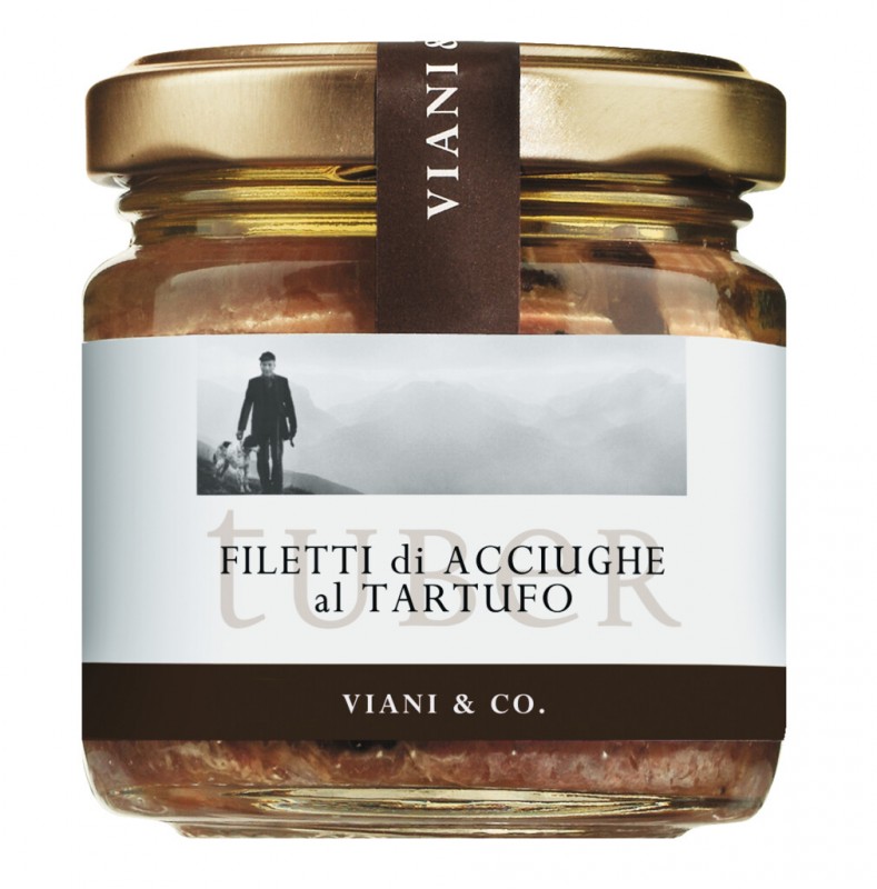 Filetti di Acciughe al Tartufo, filetti di acciughe con tartufo estivo sott`olio - 95 g - Bicchiere