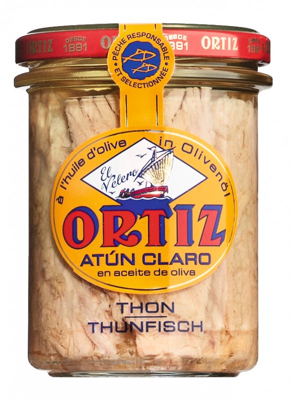 Tuna in olive oil, Gelbflossen-Thunfisch in Olivenöl, Glas, Ortiz - 220 g - Glas