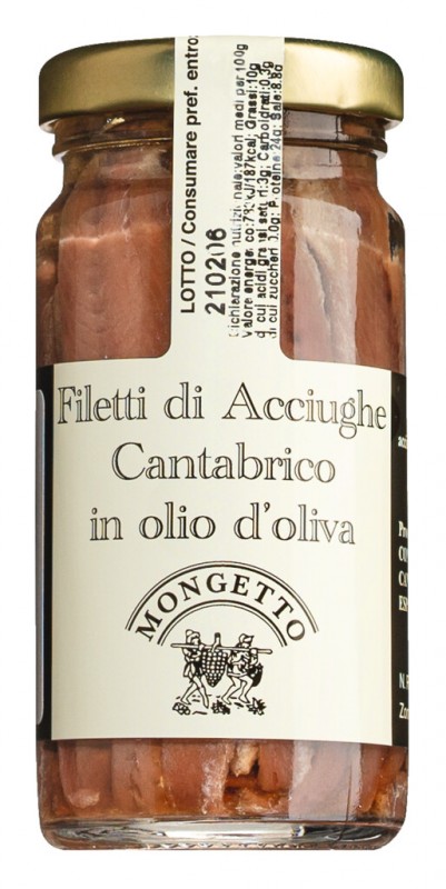 Filetti di acciughe, filetti di acciughe in olio d`oliva, Mongetto - 100 g - Bicchiere