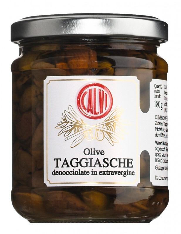 Olive Taggiasche denocciolate in extravergine, Entst. Taggiasca Oliven in nativ. Olivenöl extra, Calvi - 180 g - Glas