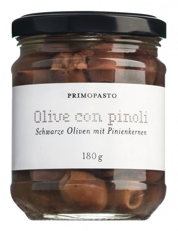 Olive con pinoli, Schwarze Oliven in Öl, ohne Stein mit Pinienkernen, Primopasto - 180 g - Glas