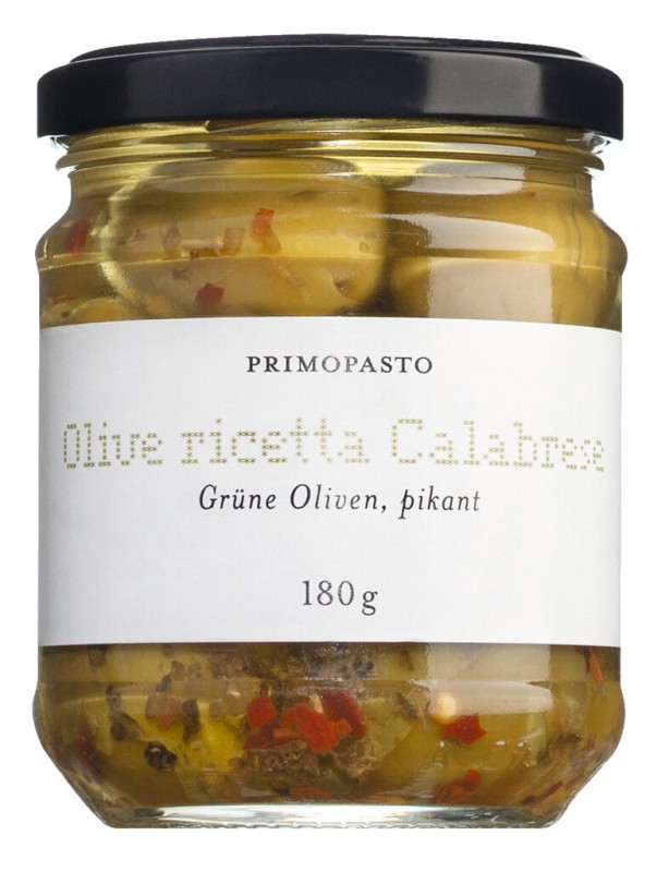 Olive ricetta Calabrese, Grüne Oliven mit Stein, eingelegt mit Gewürzen, Primopasto - 180 g - Glas