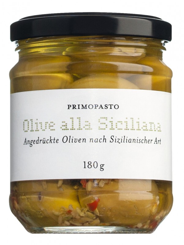 Olive schiacciate condite alla Siciliana, Angedrückte Oliven mit Stein, Sizilianischer Art, Primopasto - 180 g - Glas