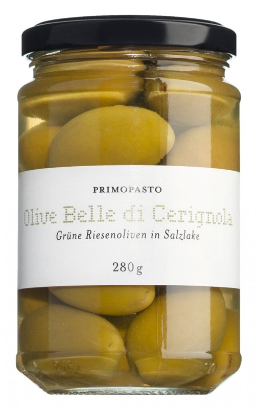 Olive Belle di Cerignola, Grüne Riesenoliven mit Stein in Salzlake, Primopasto - 280 g - Glas