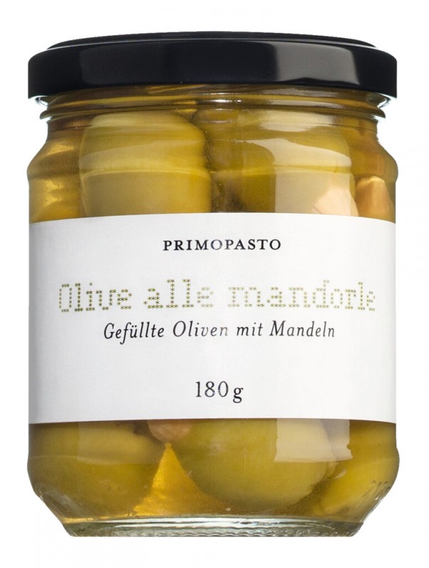 Olive alle mandorle, olives vertes a l`huile, farcies aux amandes, primopasto - 180g - Verre