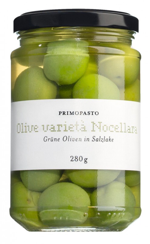 Olivova varieta Nocellara, zelene olivy s kostkou v slanom naleve, primopasto - 280 g - sklo