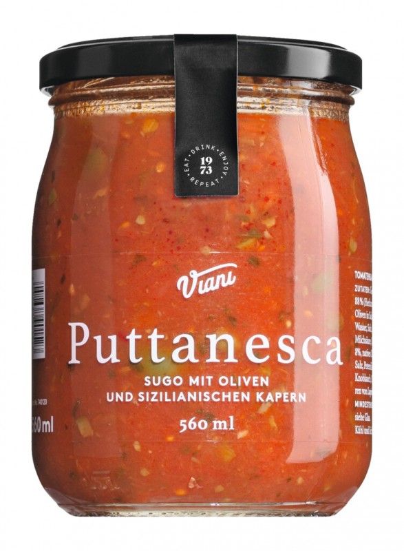 PUTTANESCA - Sugo aux olives et capres, sauce tomate aux olives et capres, Viani - 560 ml - Verre