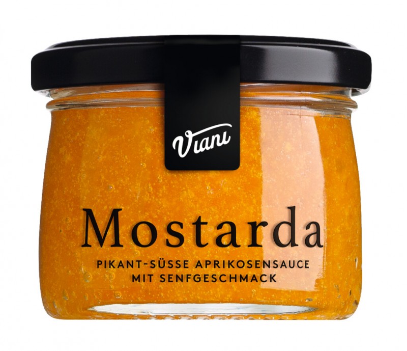 Mostarda di albicocche, Aprikosensauce mit Senfgeschmack, pikant-süß, Viani - 130 g - Glas