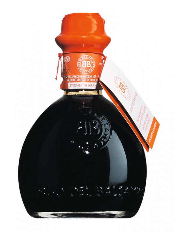 Aceto Balsamico di Modena IGP, etichetta arancio, balsamicoazijn, gerijpt, in een geschenkdoos, Il Borgo del Balsamico - 250 ml - Fles