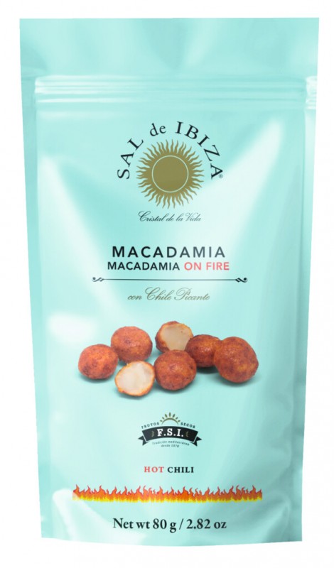 Macadamia on Fire, Macadamianüsse mit Chilli, Sal de Ibiza - 80 g - Beutel