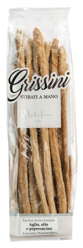 Grissini aglio olio e peperoncino, Grissini mit Knoblauch, Öl und Chili, Panificio e Biscottificio Malafronte - 250 g - Stück