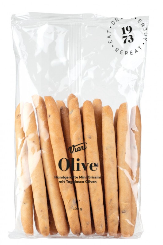 OLIVE - Mini Grissini mit Taggiasca Oliven, Handgerollte Grissini mit Taggiasca Oliven, Viani - 100 g - Beutel