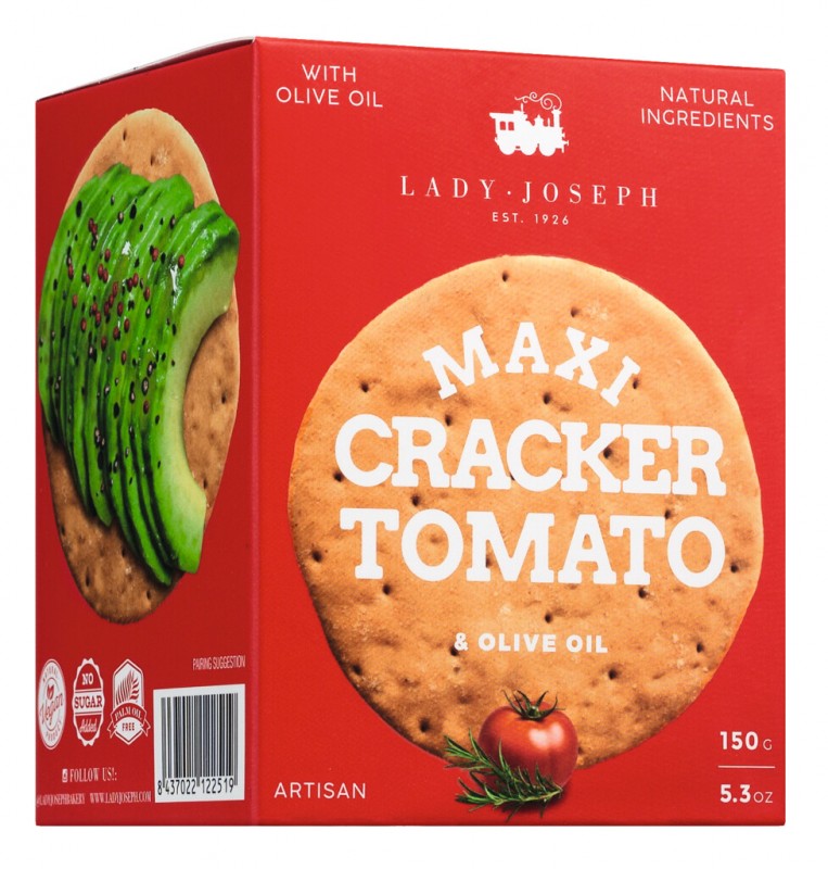 Maxi Cracker Tomato & Rosemary, Salzgebäck mit Tomaten, Rosmarin und Olivenöl, Lady Joseph - 150 g - Packung