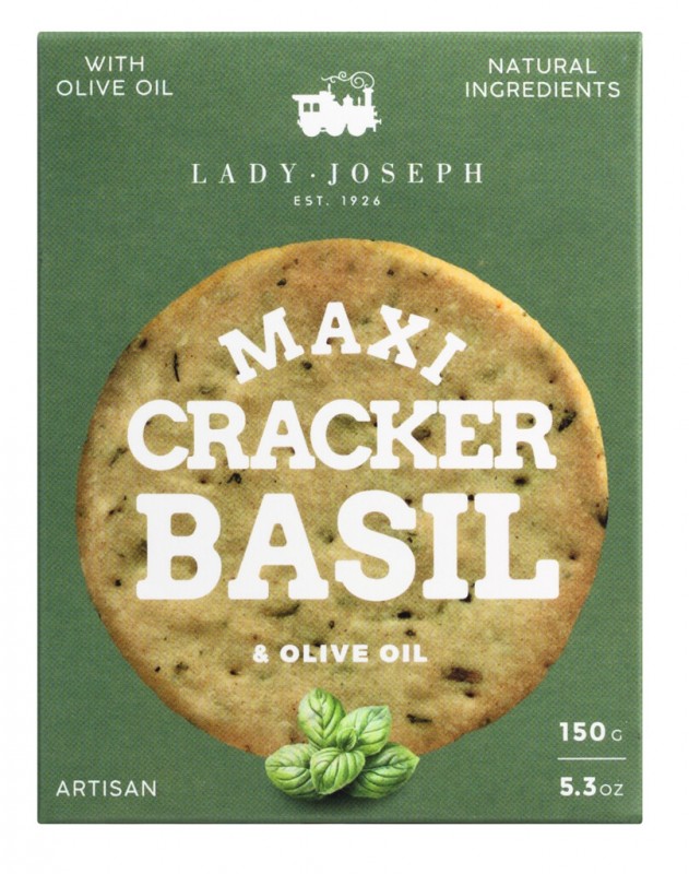 Maxi Cracker Basil, hartige koekjes met basilicum en olijfolie, Lady Joseph - 150g - pak