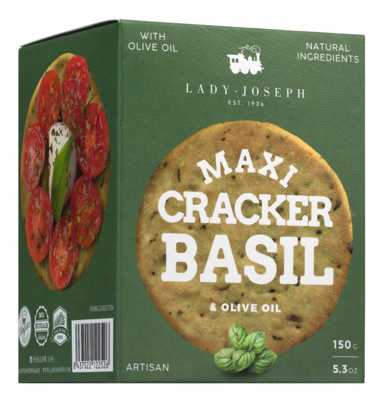 Maxi Cracker Basil, hartige koekjes met basilicum en olijfolie, Lady Joseph - 150g - pak