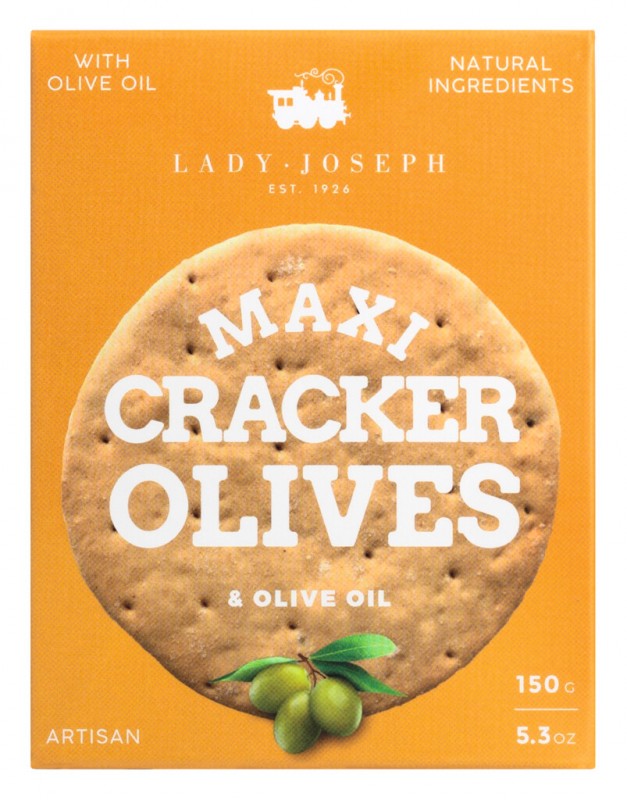 Maxi Cracker Groene Olijven, zoute crackers met groene olijven en olijfolie, Lady Joseph - 150g - pak