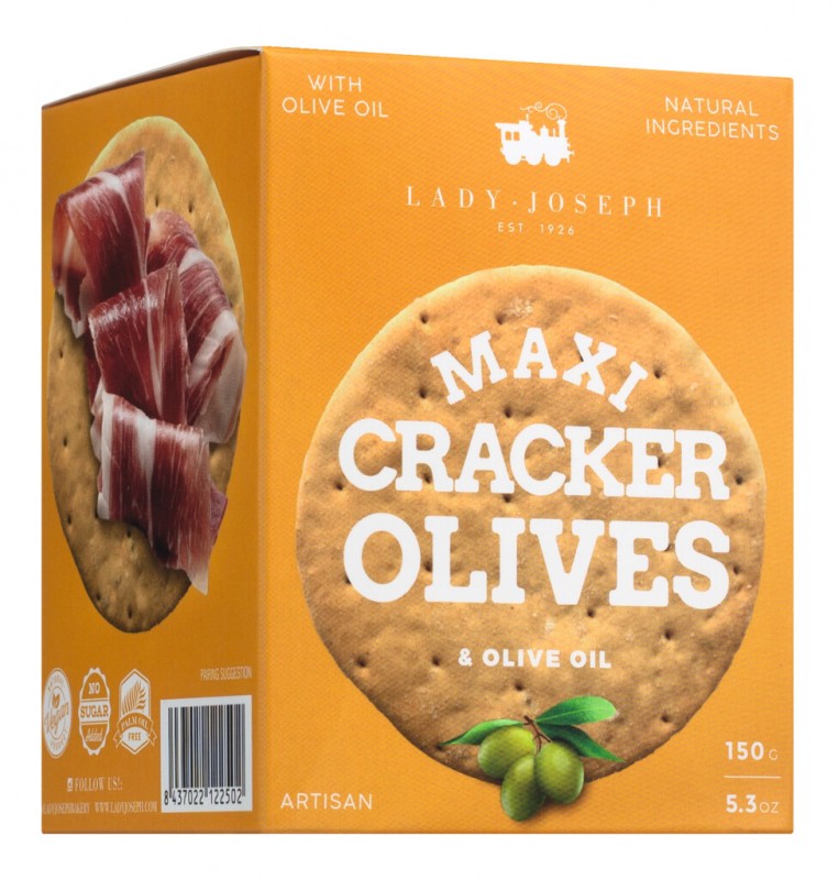 Maxi Cracker Groene Olijven, zoute crackers met groene olijven en olijfolie, Lady Joseph - 150g - pak