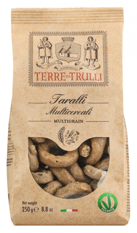 Taralli Multicereali, Mehrkorn-Salzgebäck mit nativem Olivenöl extra, Terre dei Trulli - 250 g - Beutel