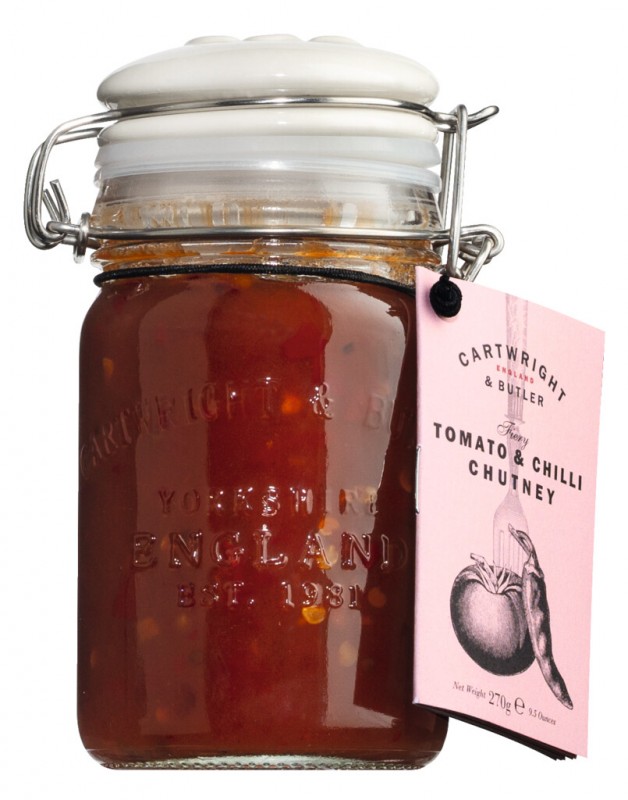 Tomato + Chilli Chutney, Chutney aus Tomaten und Chilli, Cartwright & Butler - 270 g - Glas