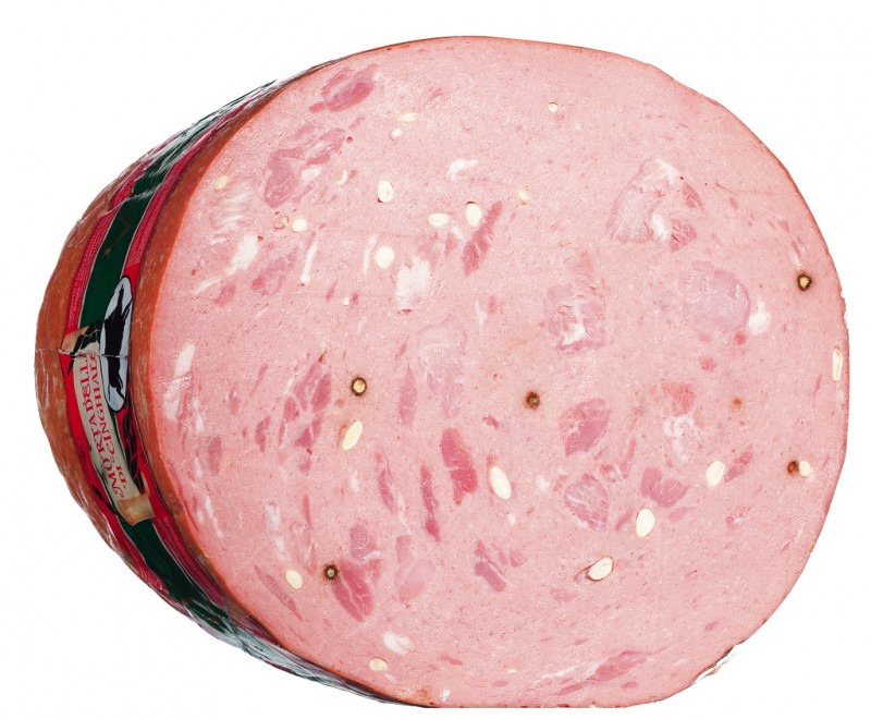 Mortadella med vildsvin kÃ¸d, skÃ¥ret i halve, Mortadella di cinghiale, en meta, Salumificio Viani - 5 kg - Stykke