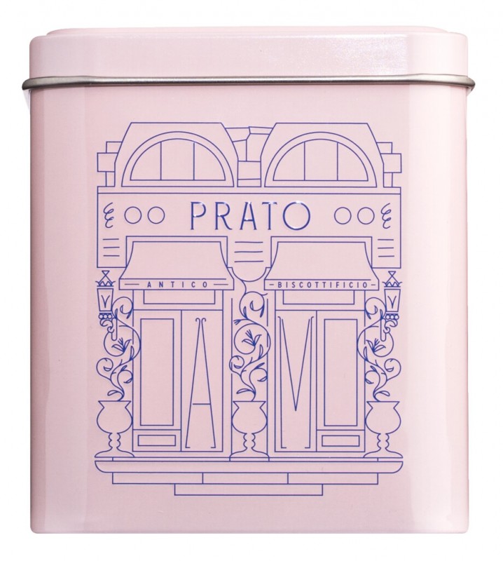 Biscotti di Prato alle mandorle, roze, Toscaanse amandelkoekjes, in een roze blikje, Mattei - 200g - kan