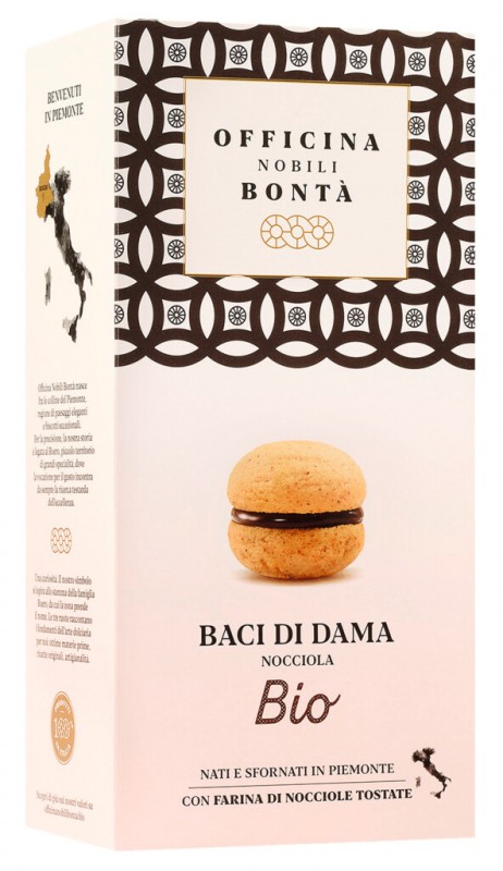 Baci di Dama alla nocciola, Bio, Haselnuss Doppelkeks mit Schokoladenfüllung, Bio, Officina Nobili Bontà - 180 g - Packung